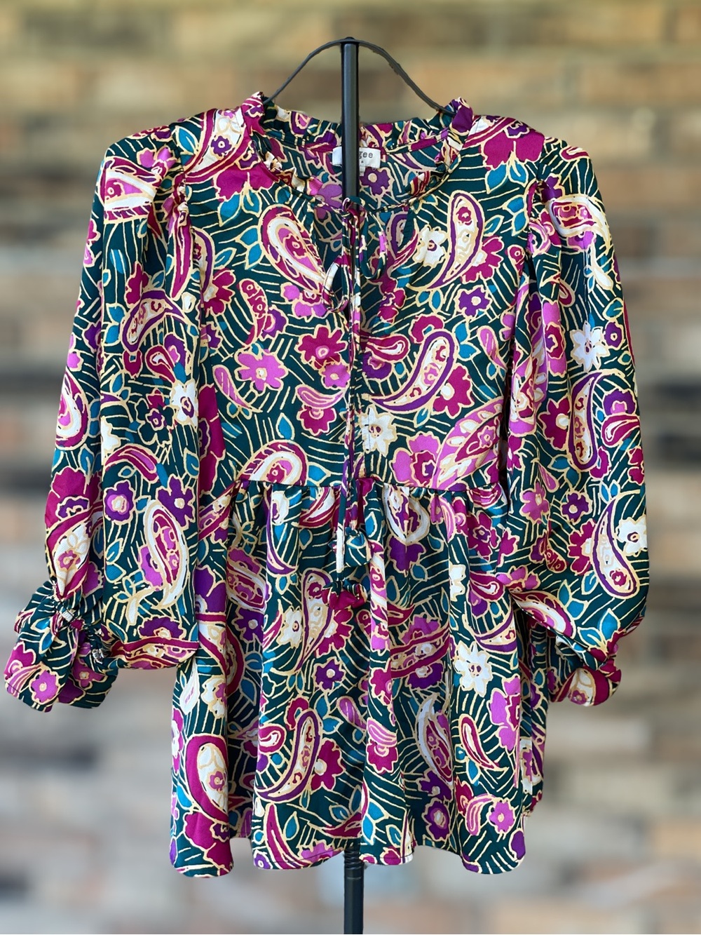 Umgee Large Green Pink Paisley Floral Boho Ruffle Sleeve Blouse